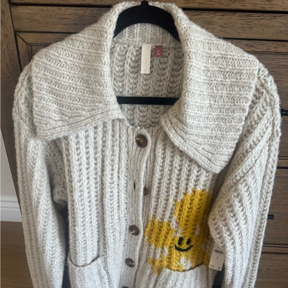 Anthropologie Cream Knit Cardigan with Yellow Motif